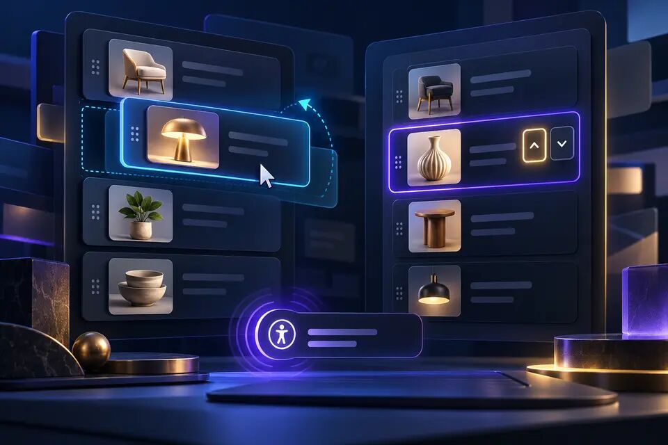 Original conceptual illustration of product cards being reordered through a pointer drag path and an equivalent keyboard-focused move-button path; not a real product interface.