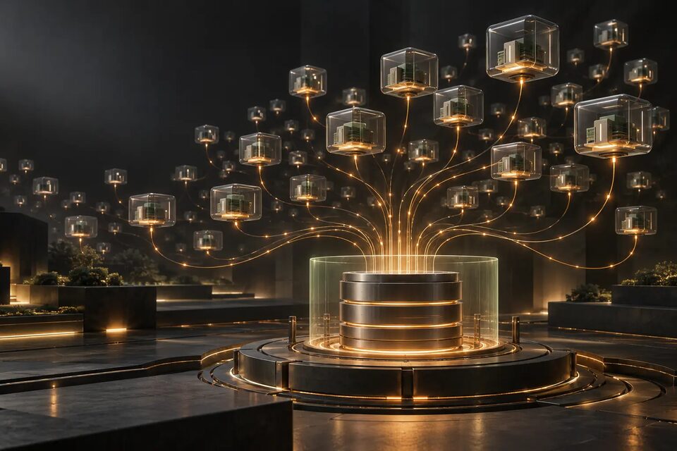 Original conceptual illustration of a protected database core serving many isolated compute capsules; not a diagram of Google's internal infrastructure.