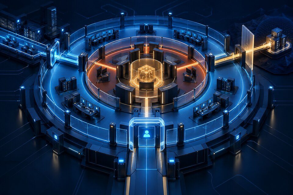Conceptual three-tier cyber range with identity gateway, isolated work zones, monitored egress and audit controls; not an Anthropic interface or real facility.
