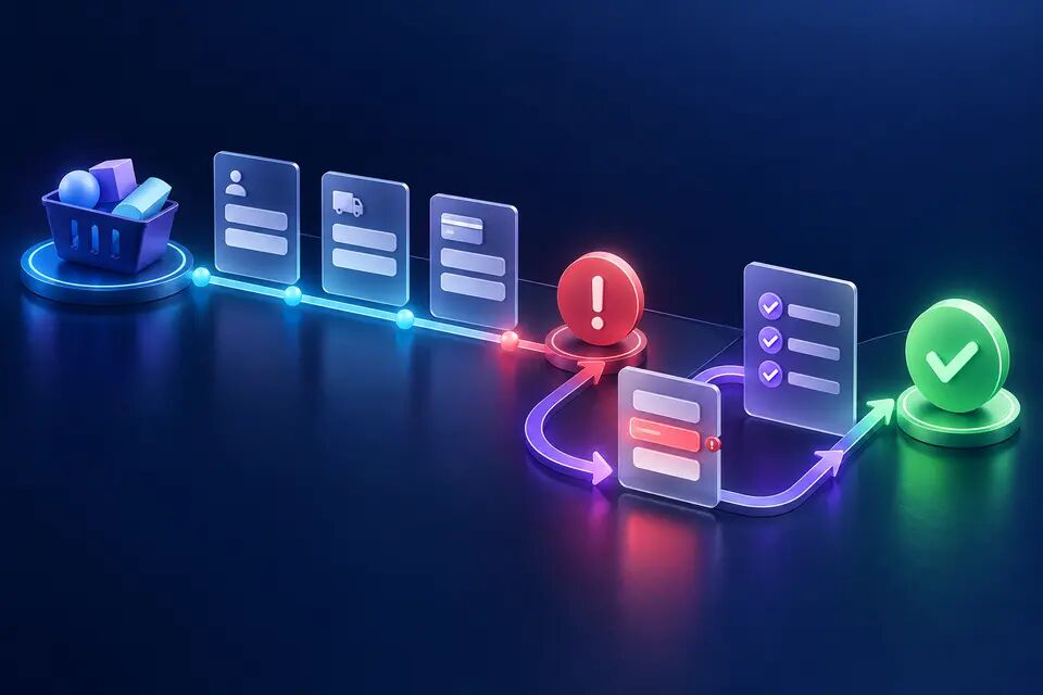 Original conceptual illustration of a checkout journey reaching an error, preserving completed steps and following a guided recovery loop to confirmation; not a real product interface.