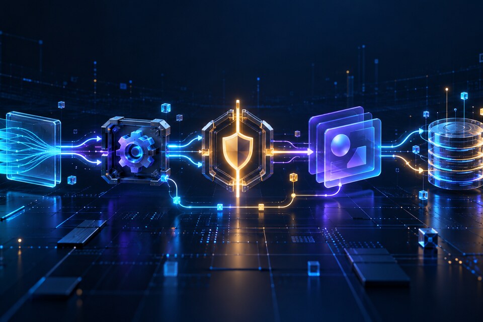 Editorial concept of a Claude Code event chain with prompt, tool, permission, policy and interface stages connected as modular middleware.