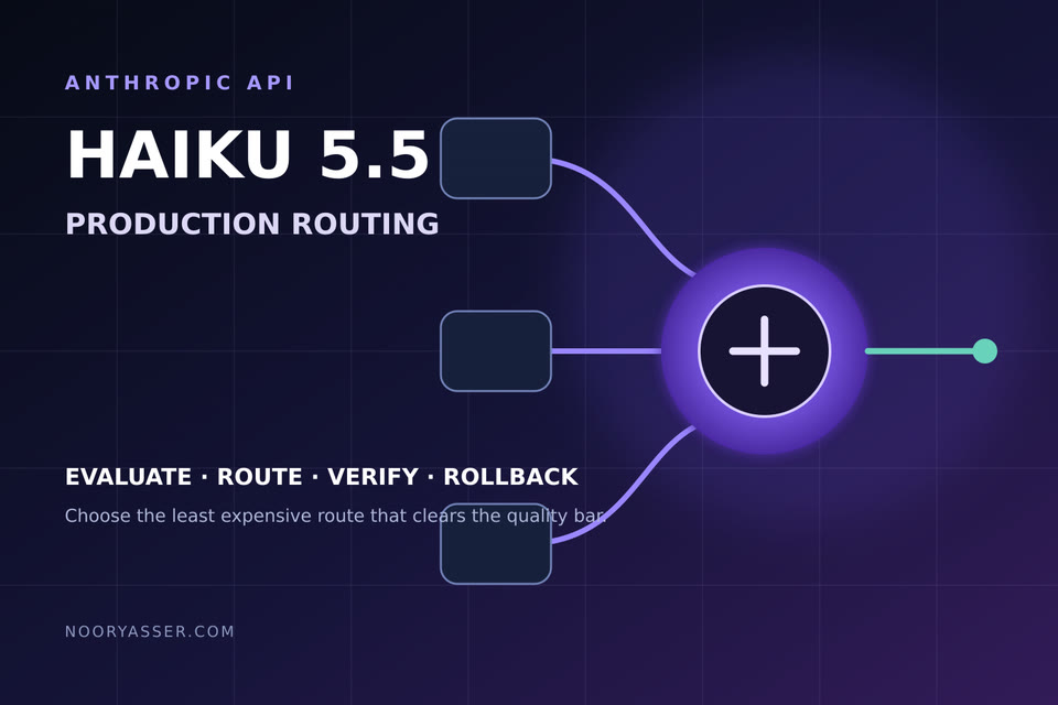 Original abstract diagram of high-volume AI requests passing through evaluation and routing gates to a compact violet model core; not a real Anthropic interface or benchmark.