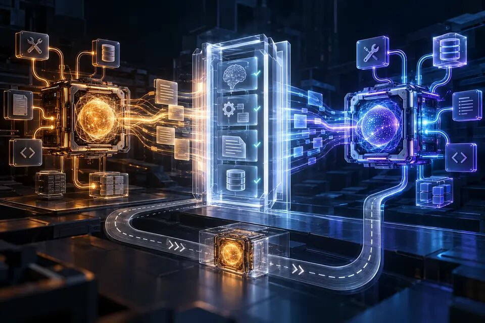Original conceptual illustration of an older amber AI runtime passing tools, context and evidence through a transparent migration gate into a violet production model, with a rollback lane; not a real interface or benchmark result.
