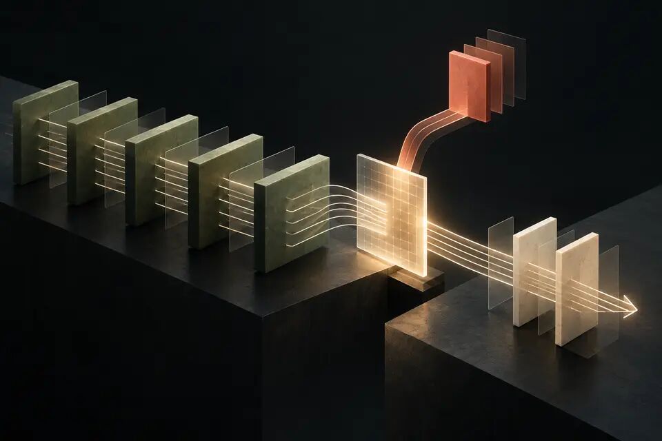 Conceptual illustration of stable prompt-prefix blocks entering a cache plane while a changing request tail continues to Claude.