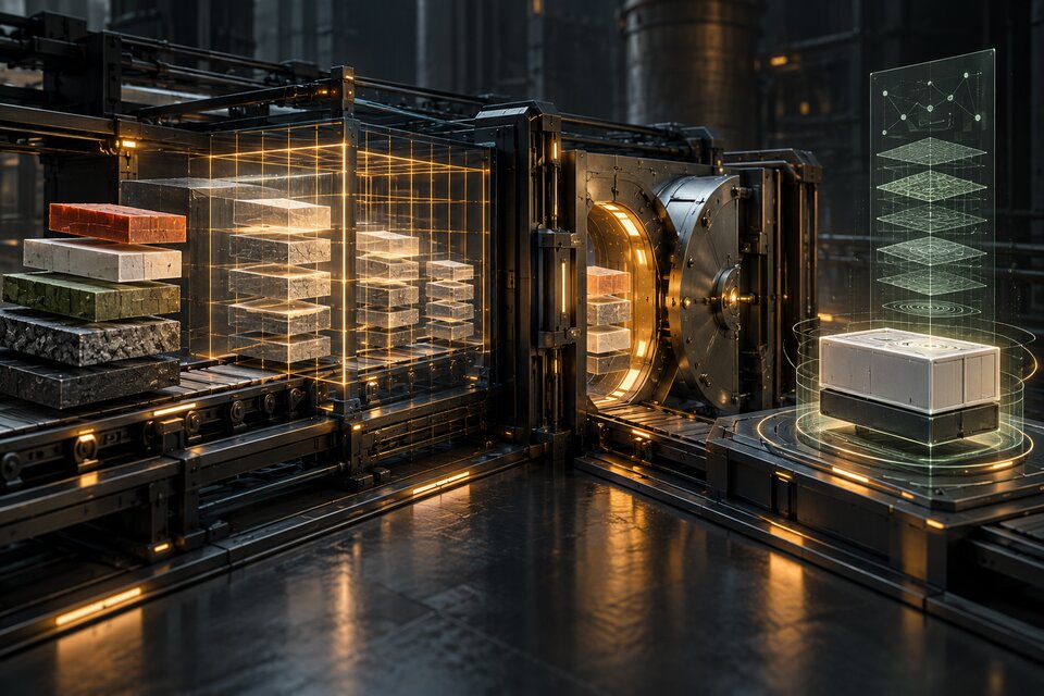 Conceptual editorial illustration of layered build inputs moving through a BuildKit cache lattice and sealed secret boundary into one verified runtime artifact; not a real Docker interface.