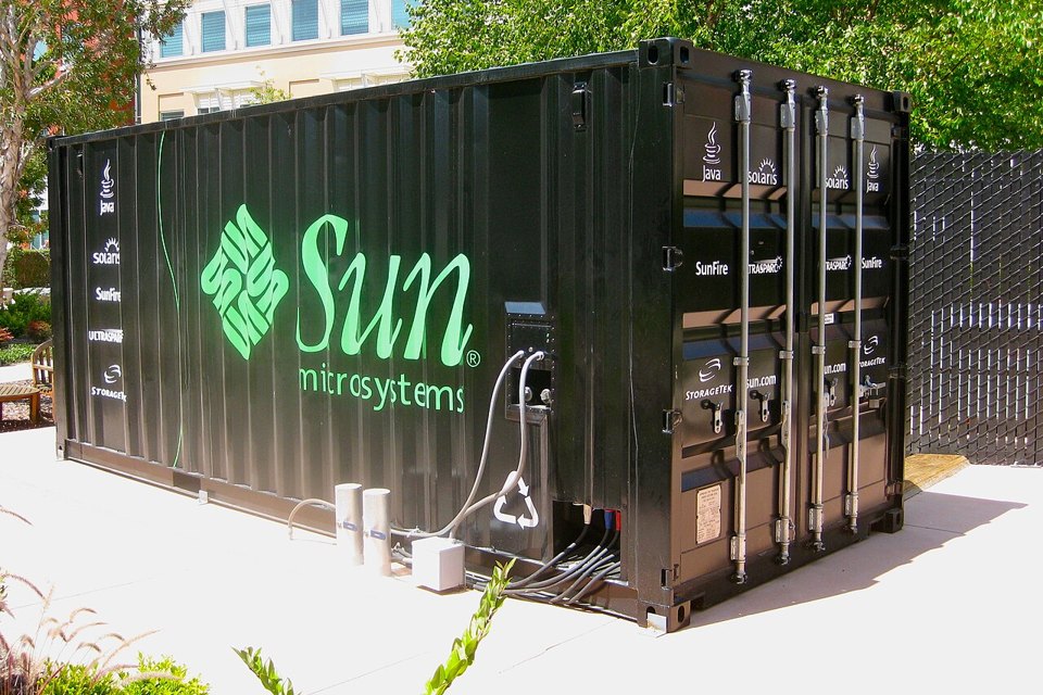 Portable modular data center inside a shipping container representing container infrastructure and protected diagnostics