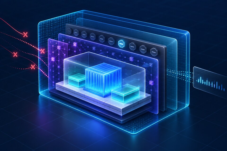 Conceptual editorial illustration of a container workload protected by user-namespace, capability, syscall-filter and read-only filesystem layers; not a Docker interface.