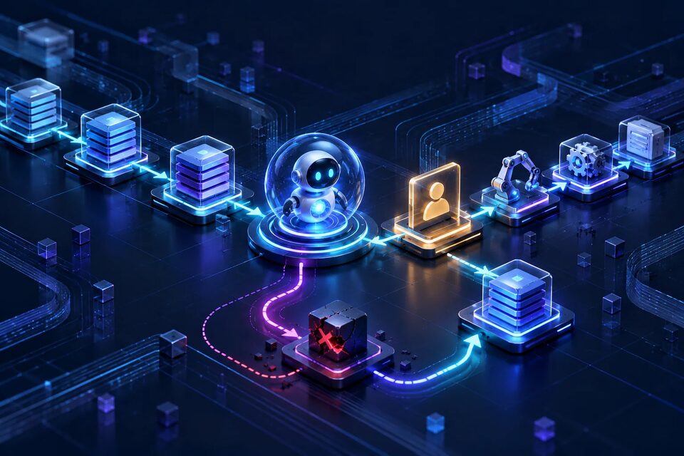 Original conceptual illustration of an AI agent workflow crossing checkpoints, a human approval gate and a recovery path after failure; not a product interface.