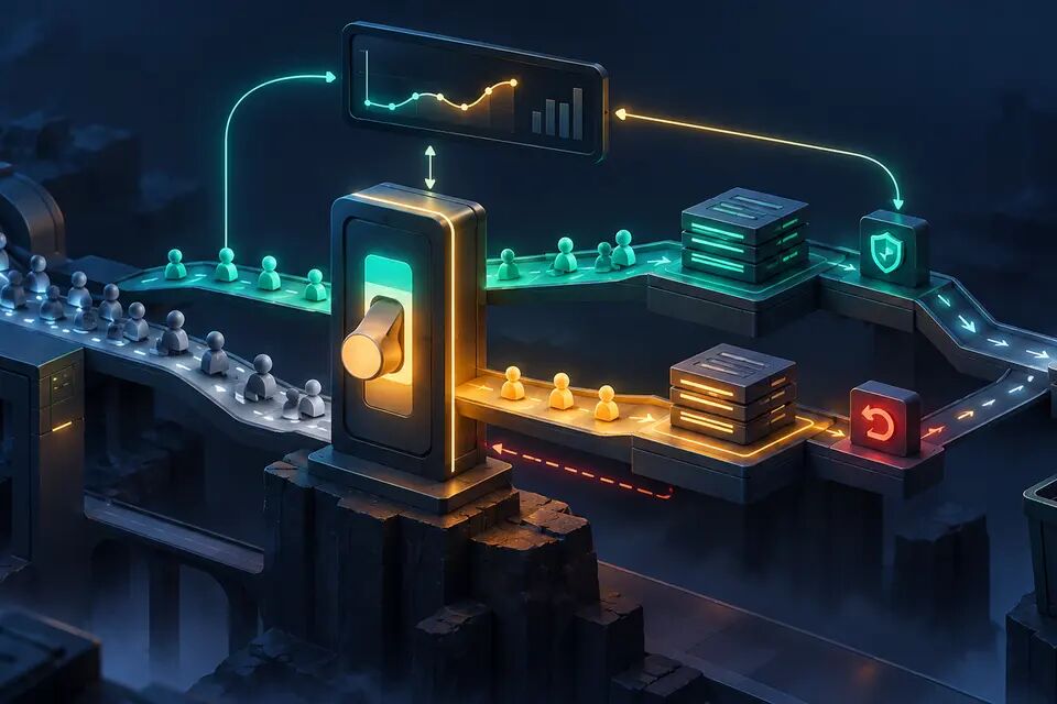 Original conceptual illustration of a feature-flag gate splitting user cohorts into gradual rollout paths, with telemetry, rollback and cleanup loops; not a real product interface.