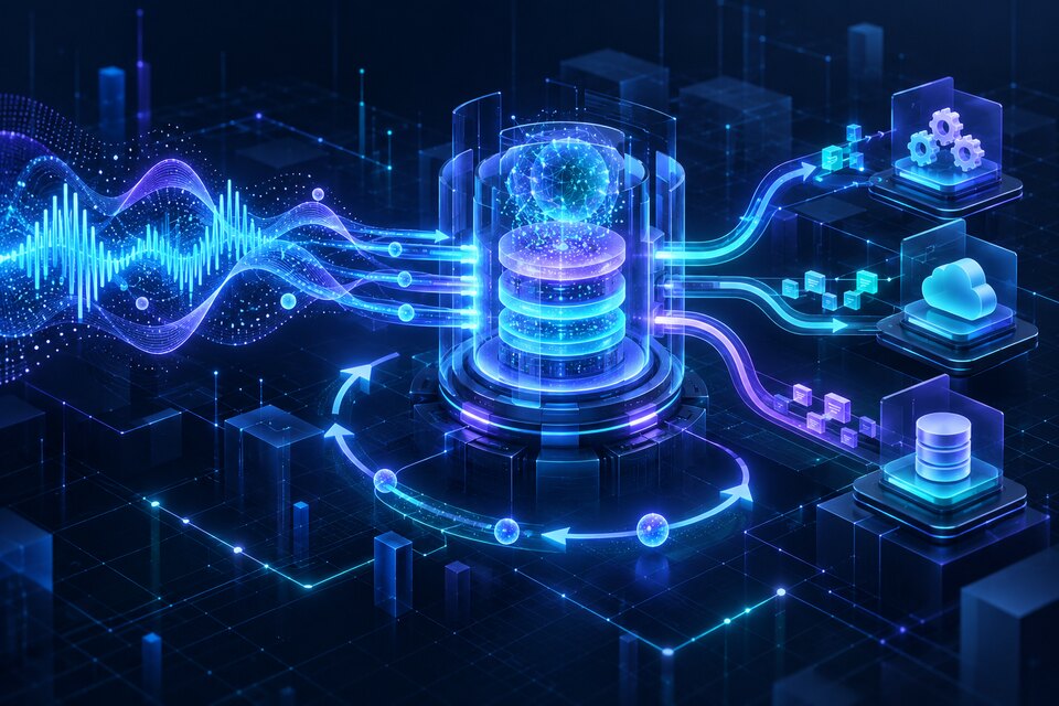 Original conceptual illustration of audio streams entering a persistent session core and branching into asynchronous tools and business services; not a real Google interface.