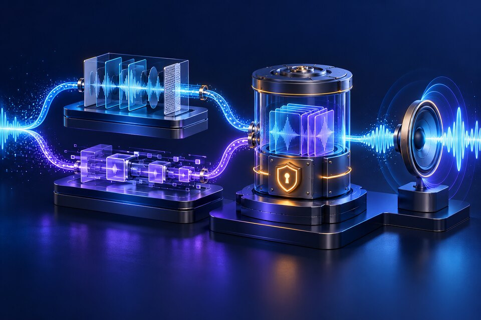 Conceptual editorial illustration of two text-to-speech processing lanes converging into a secured reusable voice identity and an audio output waveform; not a Google interface.
