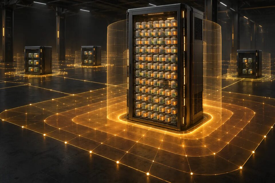 Original conceptual illustration of one high-density compute node containing many workload capsules within a large address grid; not real GKE infrastructure.