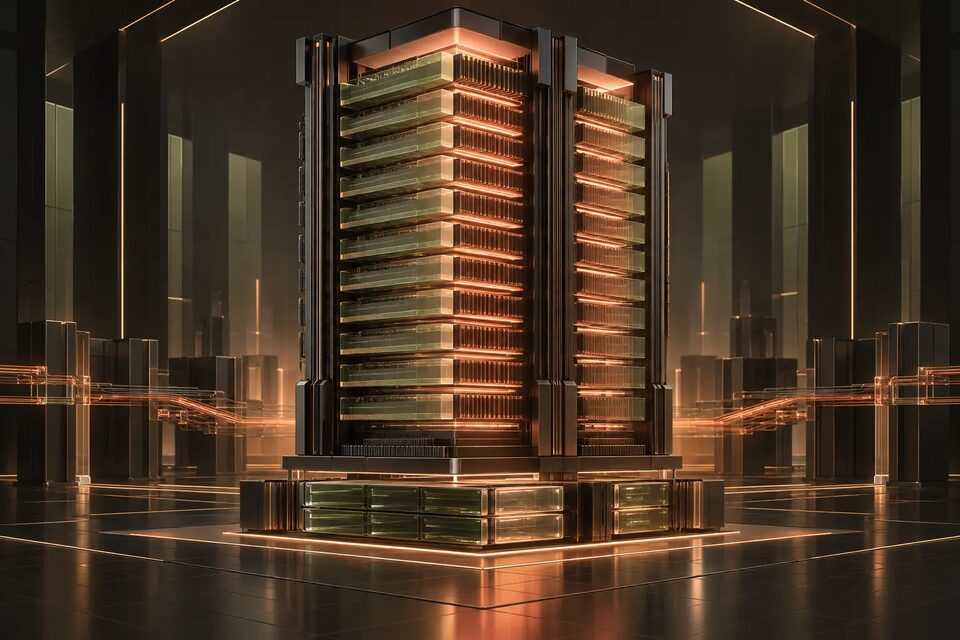 Original conceptual illustration of one enormous memory server above a storage plane; not a photograph or Google Cloud infrastructure diagram.