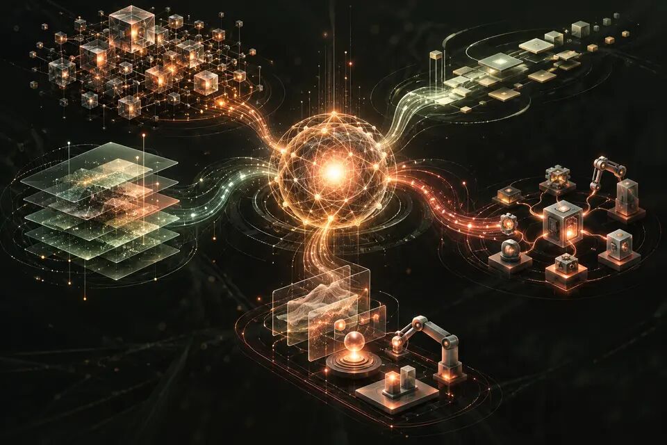 Original conceptual illustration of an AI model-routing core balancing capability, cached context, cost and production workflows; not a product screenshot.