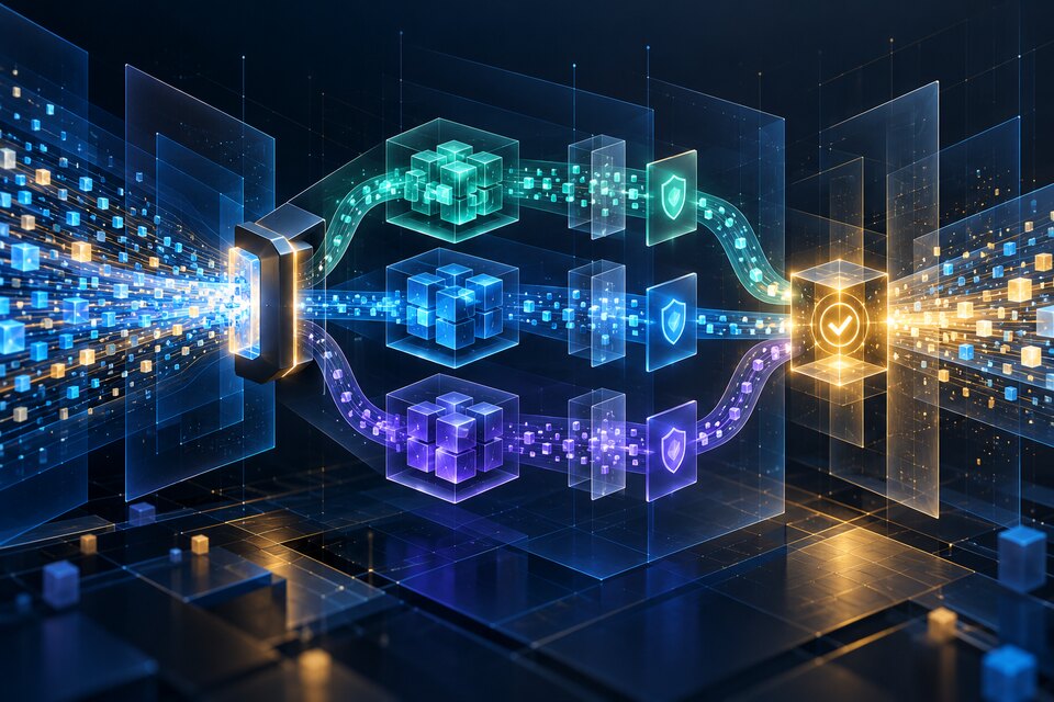 Conceptual editorial illustration of requests entering a model-routing gateway, taking efficient, balanced and frontier compute paths through safety gates, then converging on a verified outcome; not an OpenAI interface.