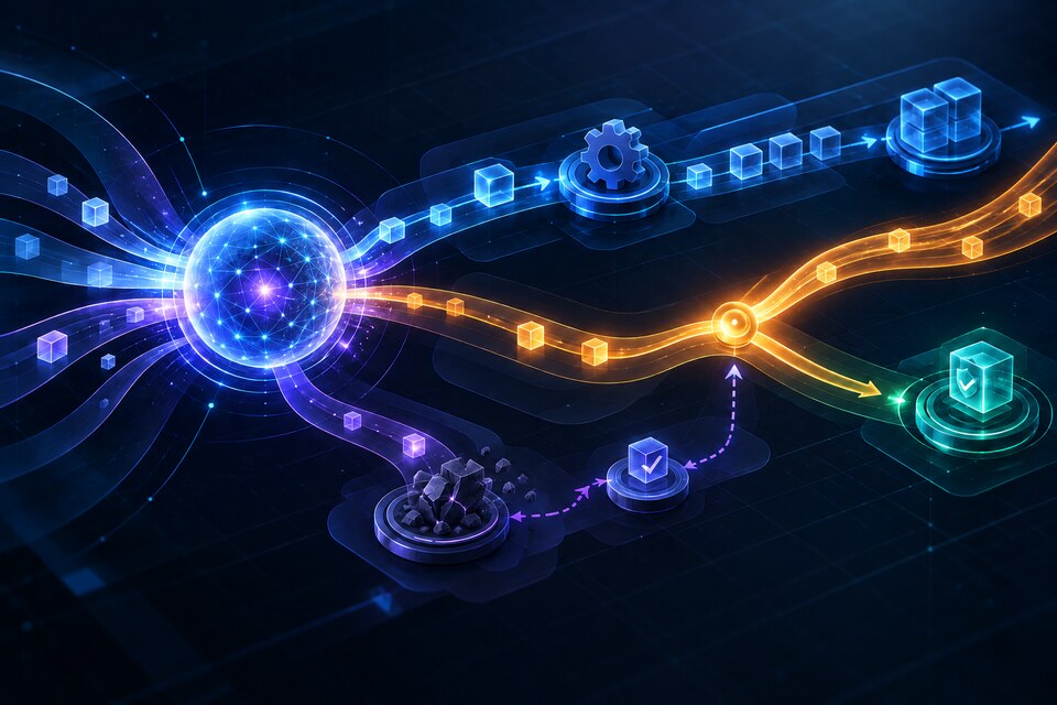 Conceptual editorial illustration of a luminous AI reasoning core launching parallel tool work while an abstract amber steering signal redirects the active path toward a verified checkpoint; not an OpenAI interface.