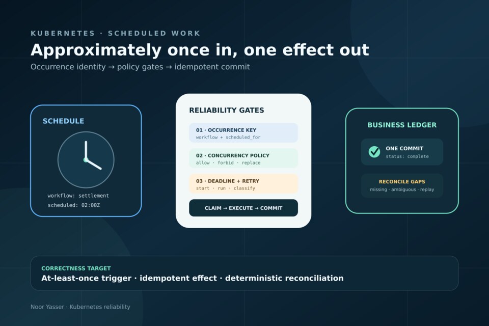 رسم تقني أصلي لجدول Kubernetes CronJob يمر عبر بوابات التشغيل والتزامن والمهلة وIdempotency وصولًا إلى أثر تجاري واحد؛ وليس لقطة من لوحة Kubernetes.