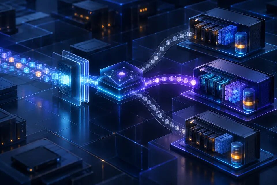 Original abstract illustration of an inference gateway selecting one of three model servers; not a Kubernetes interface or operational screenshot.