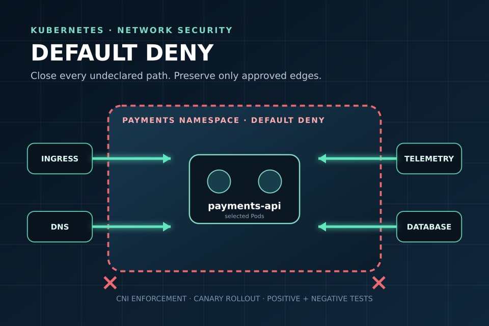 رسم تقني أصلي يوضح Namespace في Kubernetes محمية بحد Default Deny مع مسارات صريحة تحفظ DNS وIngress والمراقبة واتصال قاعدة بيانات معتمد.