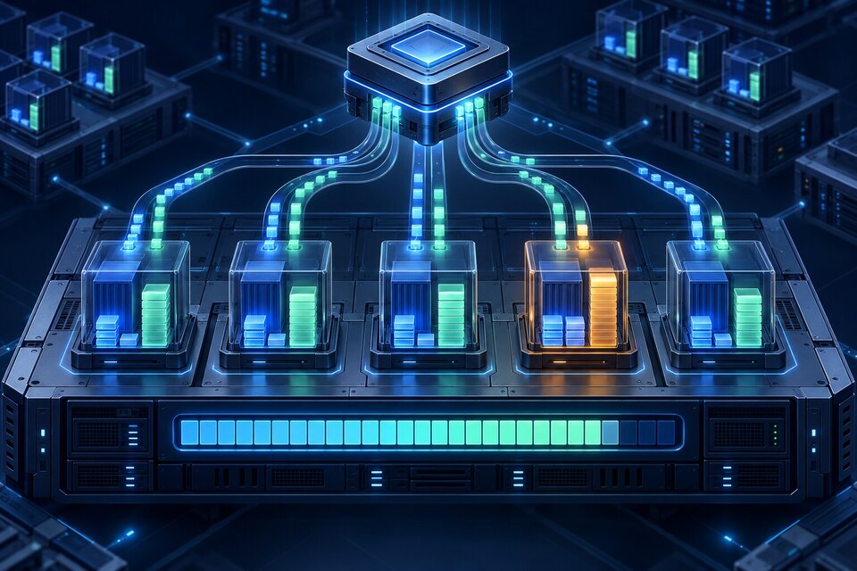 Conceptual Kubernetes infrastructure illustration showing pods receiving measured CPU and memory capacity while node headroom and overload risk remain visible.