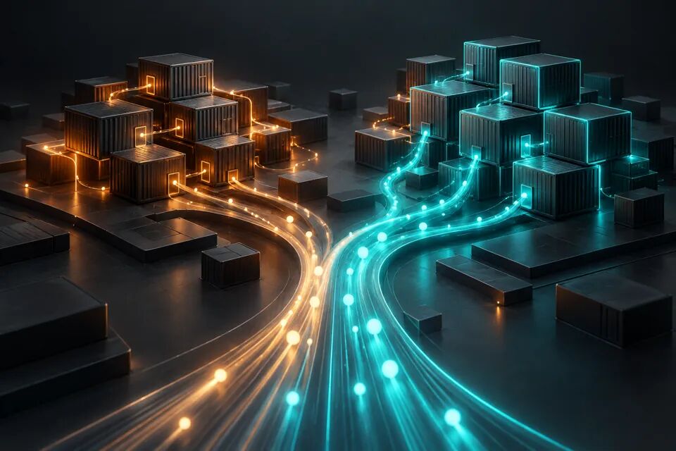 Conceptual artwork of old and replacement service instances with orange and teal request paths during a Kubernetes rolling deployment.
