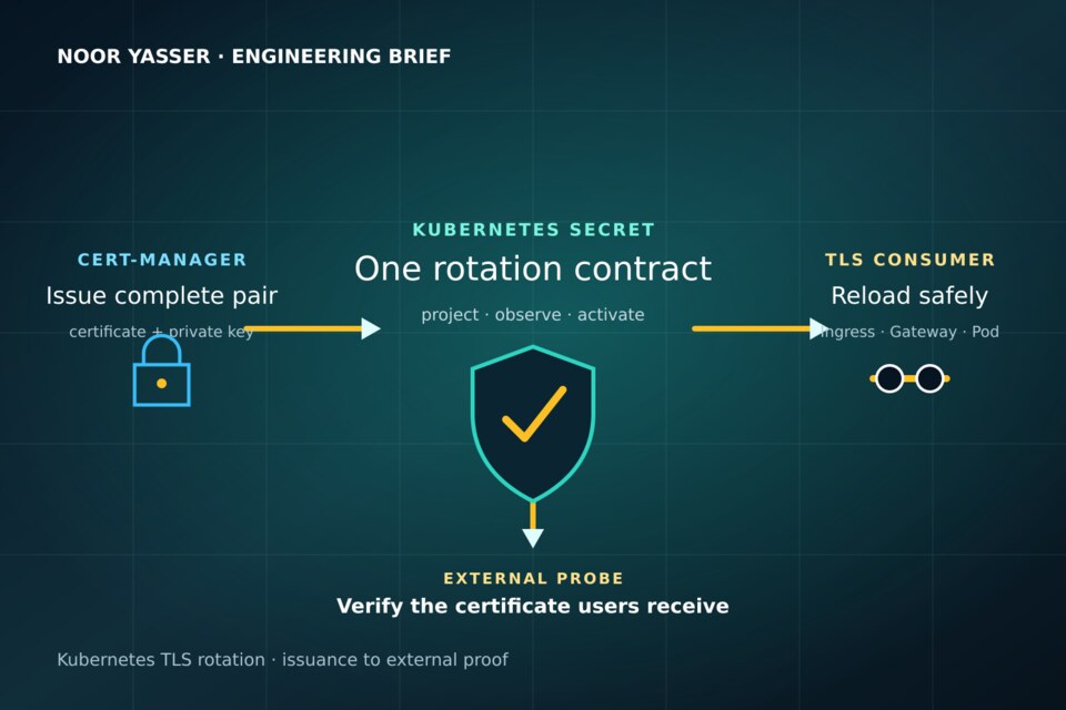 Original technical illustration of cert-manager issuing a certificate, Kubernetes projecting a Secret and workloads reloading TLS before an external probe verifies it.