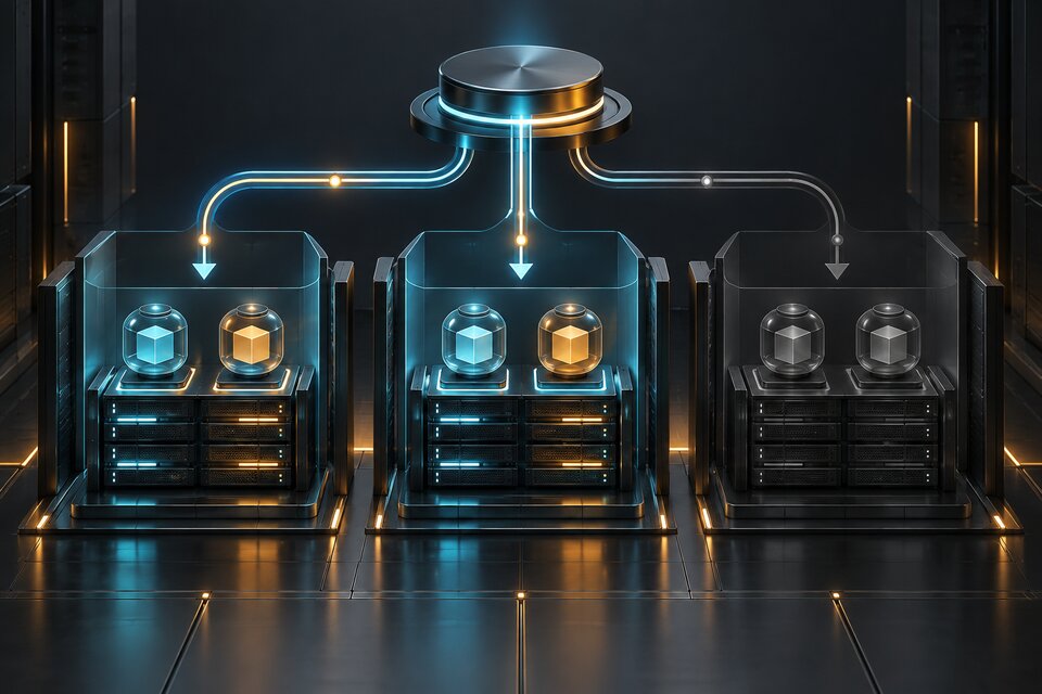 Conceptual editorial illustration of six workloads spread across three infrastructure zones, with one dimmed zone and two serving zones; not a Kubernetes interface.