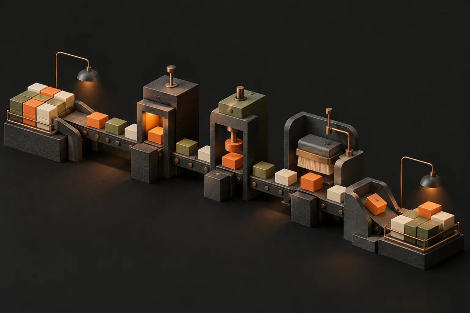 Organized tasks moving through processing stations, illustrating background queues.