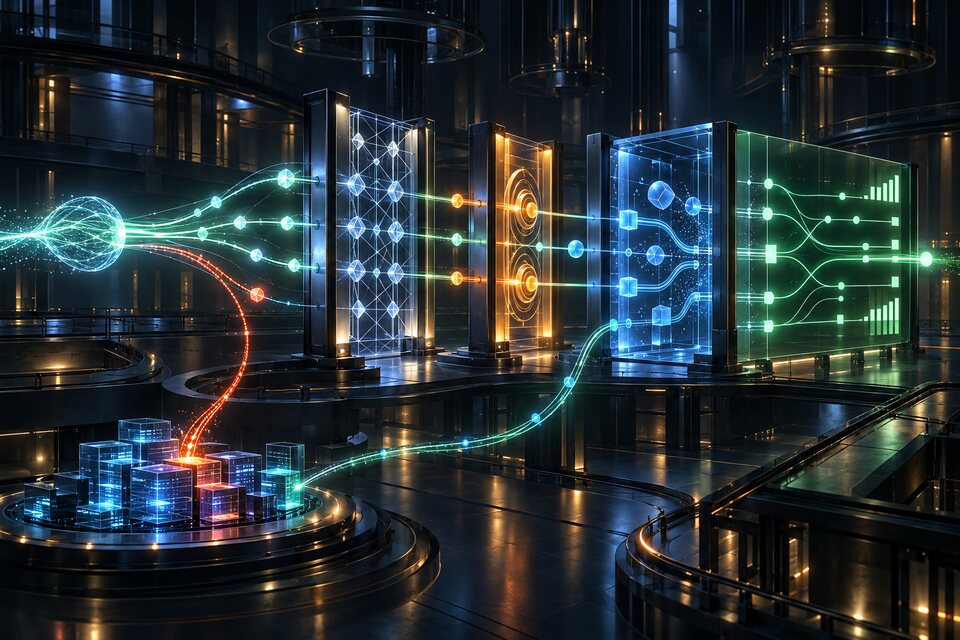 Conceptual illustration of an AI agent trajectory passing through tool-contract, approval, execution and evaluation gates before entering a feedback dataset.