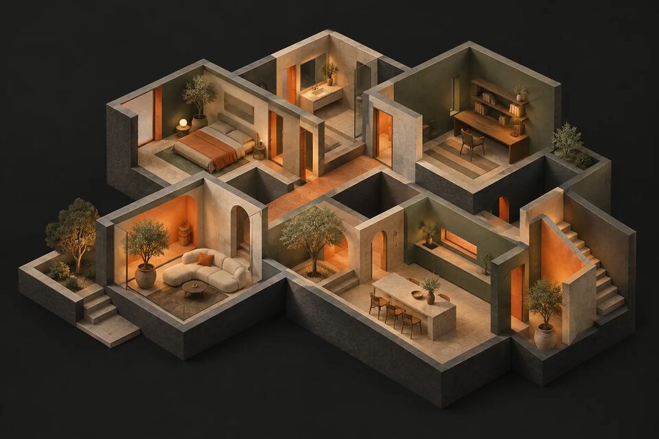 Distinct rooms within one building, illustrating modular software boundaries.