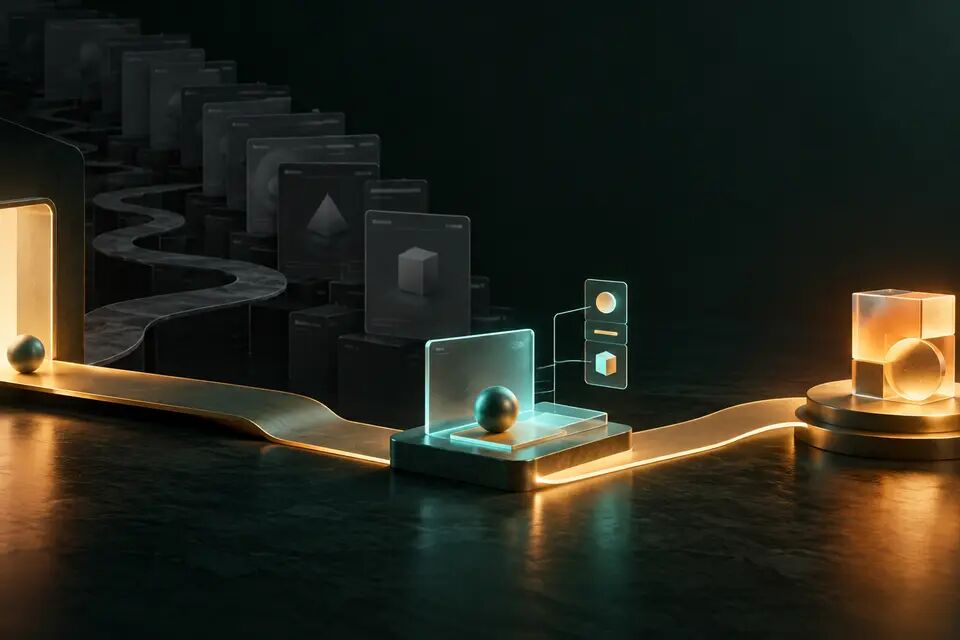 Original conceptual illustration of a focused onboarding path leading from an entry point through one real task to a meaningful result; not a real product interface.