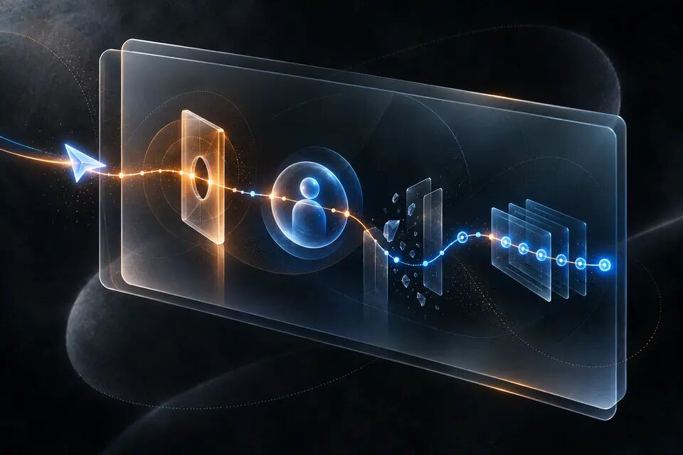 Original conceptual illustration of an AI agent moving through a hosted browser, origin approval gate, sign-in handoff, recovery loop and audit trail; not a real OpenAI interface.