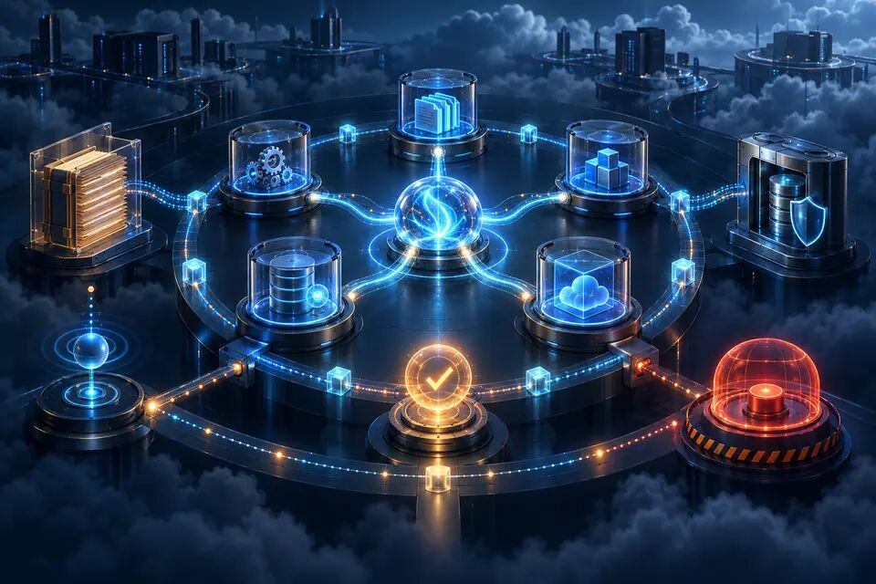 Original conceptual illustration of an always-on agent control plane connecting task ledgers, memory, permissions, sandboxed compute, approvals and an emergency stop; not a real OpenAI interface.