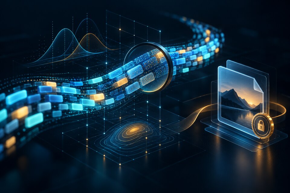 Conceptual editorial illustration of a token stream gaining a statistical grain under a detector lens beside a separate media provenance seal; not an OpenAI interface or evidence of a real detection.