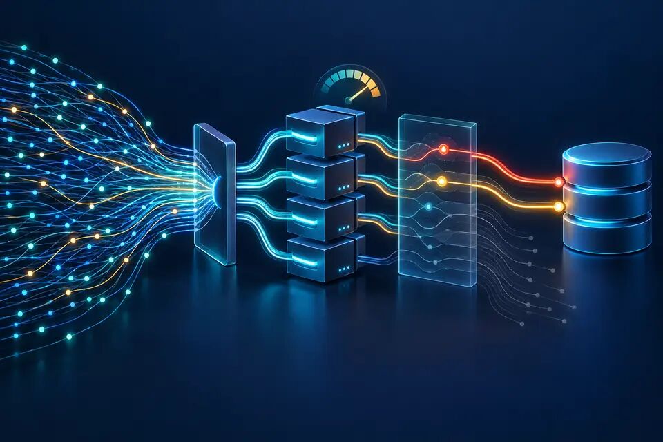 Original conceptual illustration of trace spans entering trace-ID-routed Collector shards, where error and high-latency traces are retained while routine traces fade; not a real dashboard or event image.