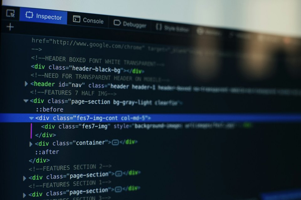 Close-up photograph of code in a browser developer inspector.