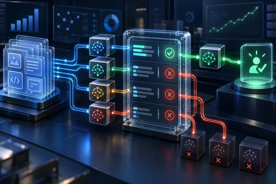 Original conceptual illustration of a versioned test dataset passing through several anonymous AI candidates and a transparent evaluation gate, with only the passing candidate reaching a successful user outcome; not a real interface or benchmark result.