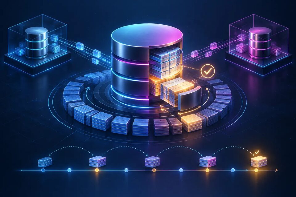 Original conceptual illustration of a database being reorganized between isolated test environments; not a PostgreSQL product screenshot.