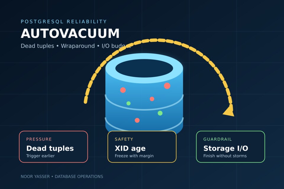 Original technical illustration of PostgreSQL autovacuum workers controlling dead-tuple pressure, wraparound age and storage I/O.