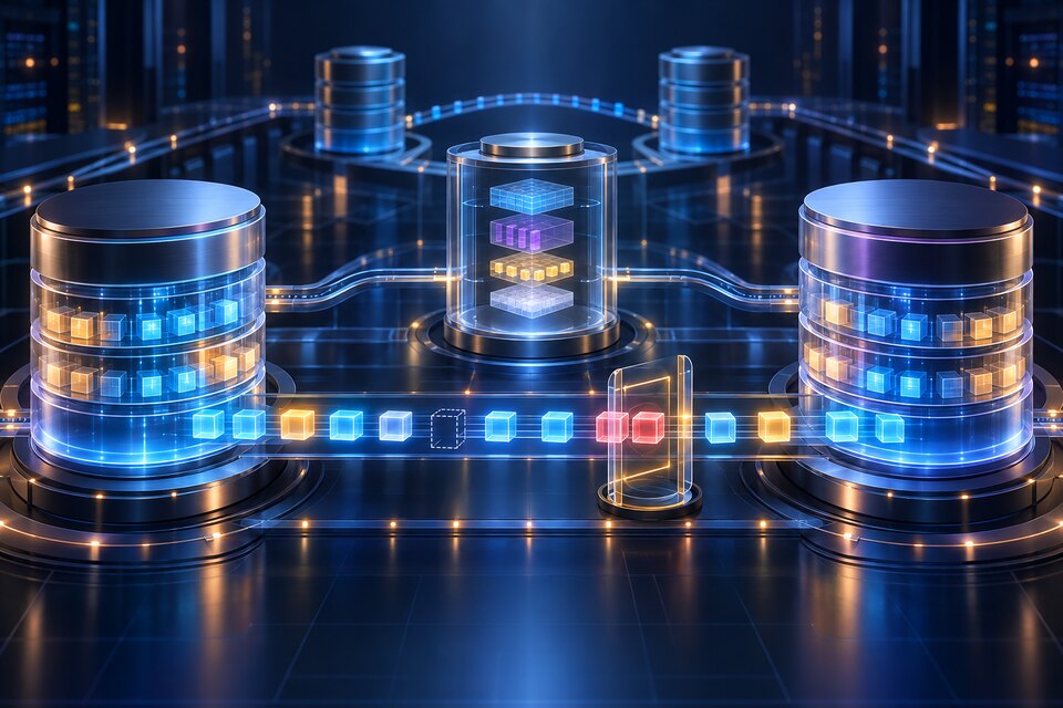 Original conceptual illustration of two database replicas connected by an ordered stream while a verification gate detects a missing block and a conflict; not a real PostgreSQL interface.