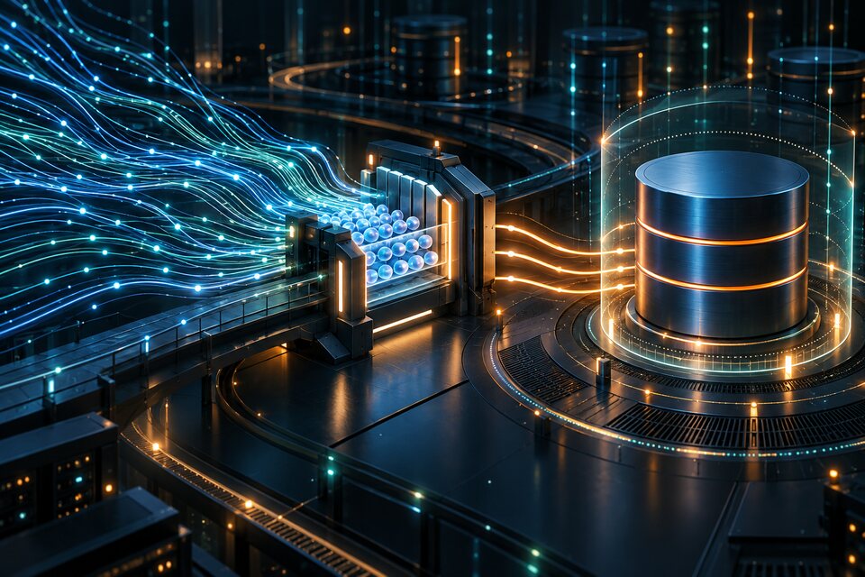 Conceptual data-infrastructure illustration showing many application connections queued and multiplexed through PgBouncer into a bounded PostgreSQL connection set.