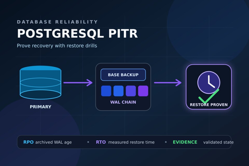 Original technical illustration of a PostgreSQL database sending base backups and WAL segments through verification gates into a timed recovery environment.