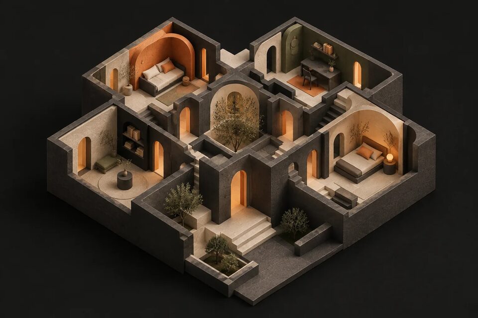 Separate protected spaces inside a shared structure, illustrating tenant isolation.