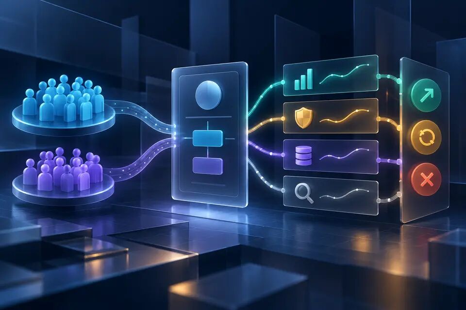 Original conceptual illustration of two experiment cohorts flowing through a decision contract into success, iterate and stop outcomes; no fabricated results.