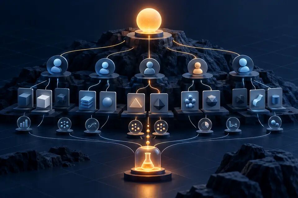 Original conceptual illustration of a product outcome branching into user opportunities and competing solutions, then narrowing through evidence to one experiment; no real product data.
