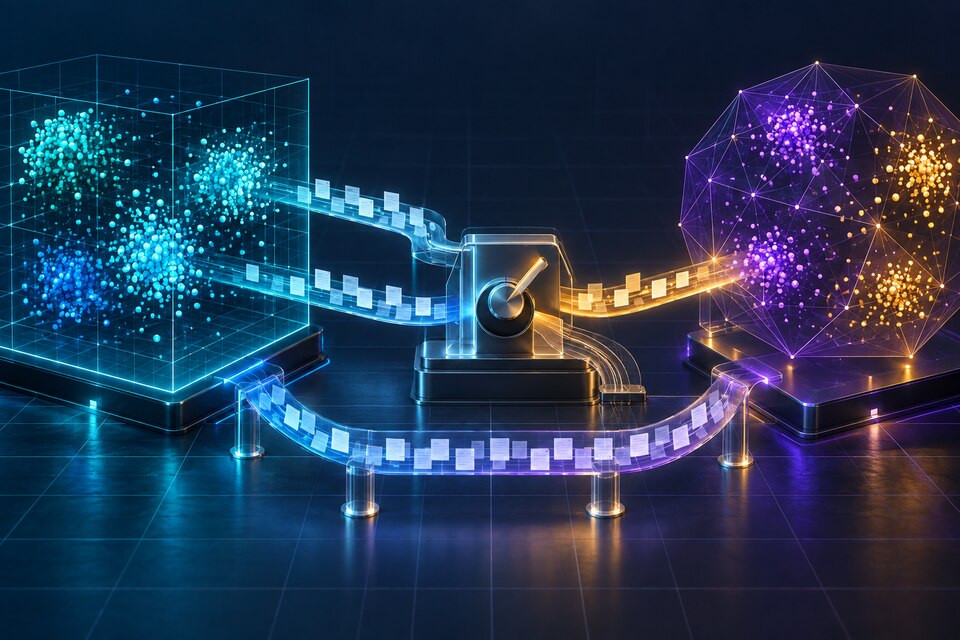 Conceptual editorial illustration of document points moving between two different vector spaces through dual-write and backfill paths with a controlled cutover switch; not a Qdrant interface or real migration.
