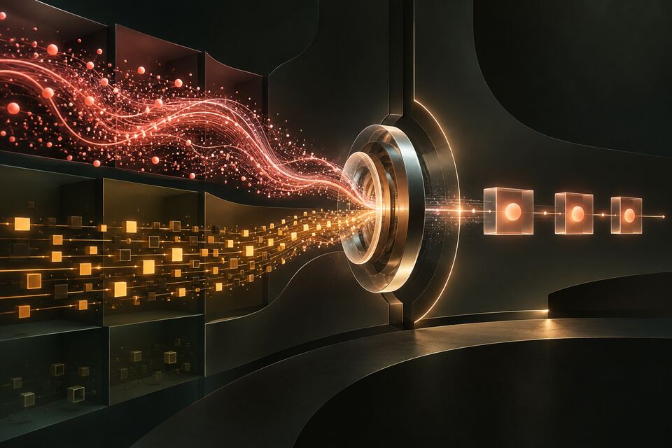 Conceptual illustration of dense semantic and sparse lexical retrieval streams converging through a fusion gate into ranked results.