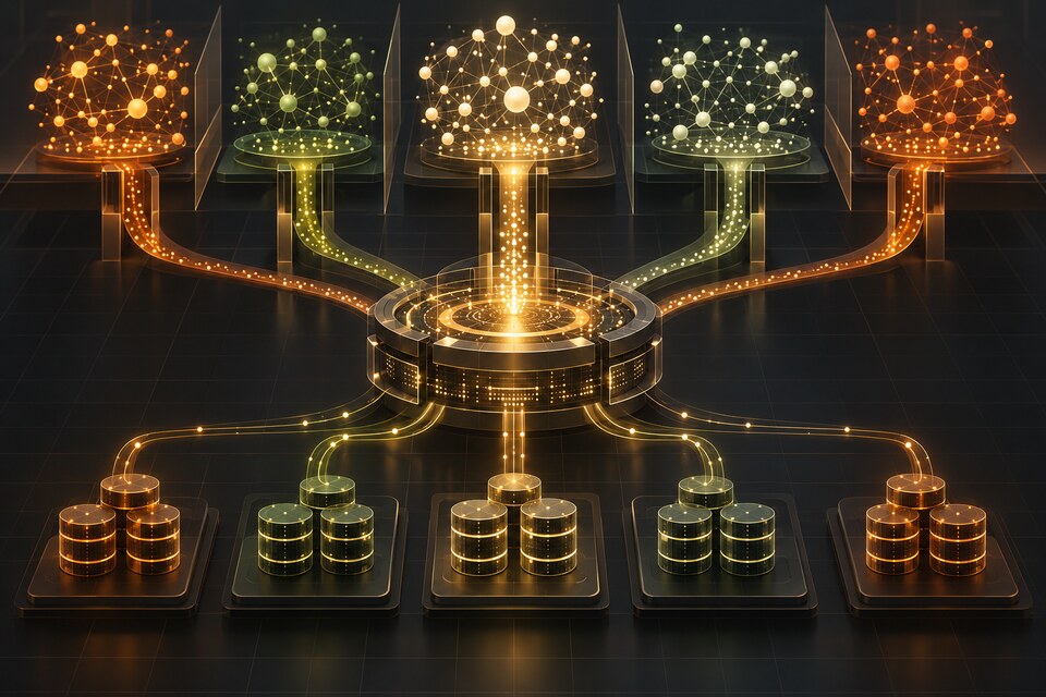 Conceptual vector neighborhoods separated into tenant lanes, routed through a shared retrieval core and regional storage shards; not a Qdrant interface or real deployment.