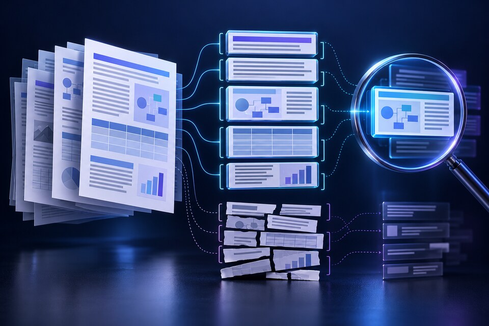Conceptual editorial illustration comparing structure-aware PDF chunks that preserve headings, tables and diagrams with arbitrary broken text strips; not a product interface.