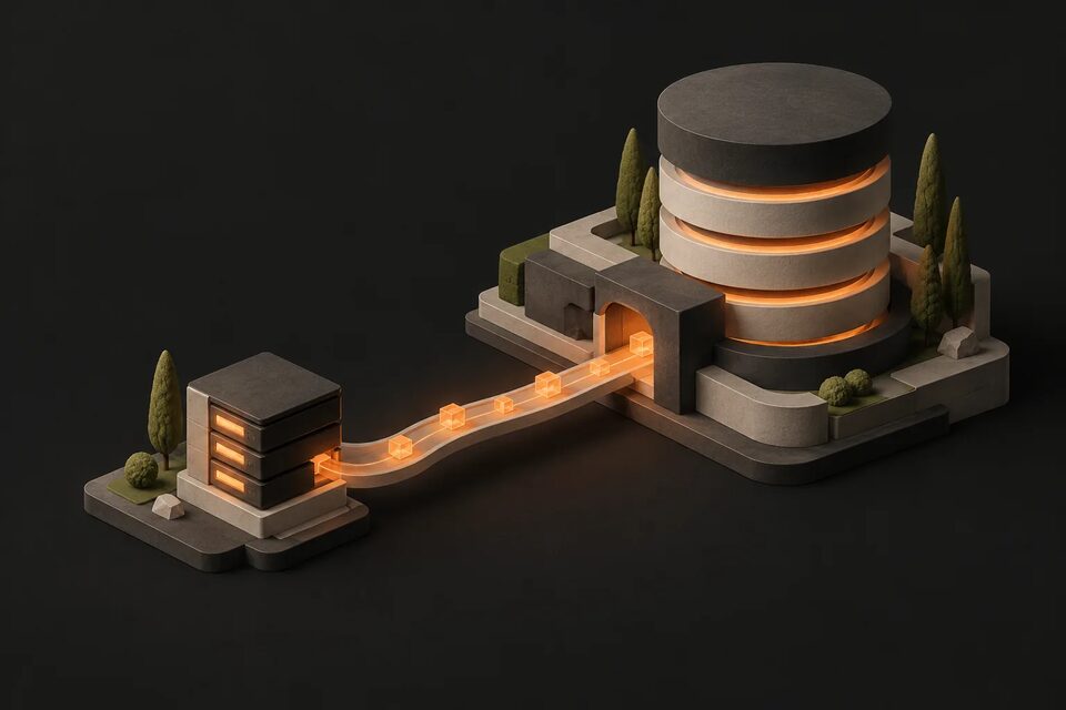 Nearby fast storage connected to a central source, illustrating caching.